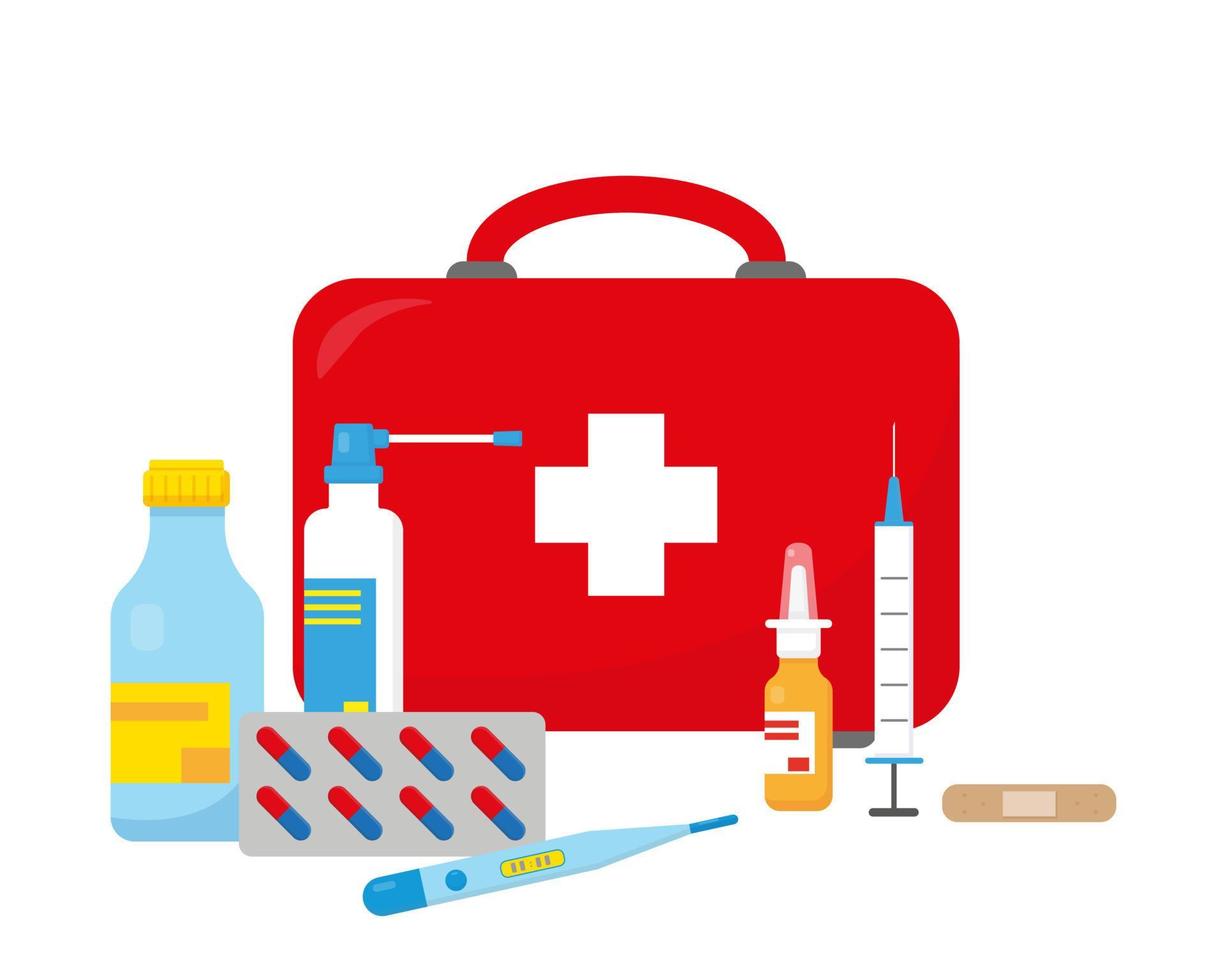 First aid kid suitcase and pills, thermometer, syringe and other medication. Vector illustration on white background.