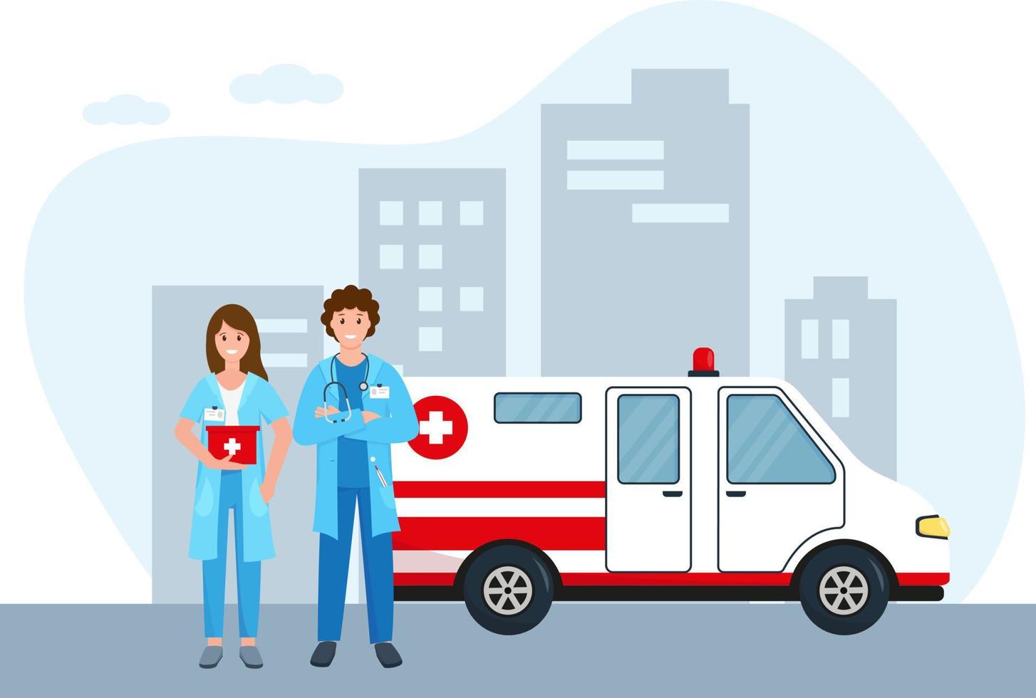 Ambulance car and doctors in city. Ambulance staff or medical emergency service concept. Vector illustration.