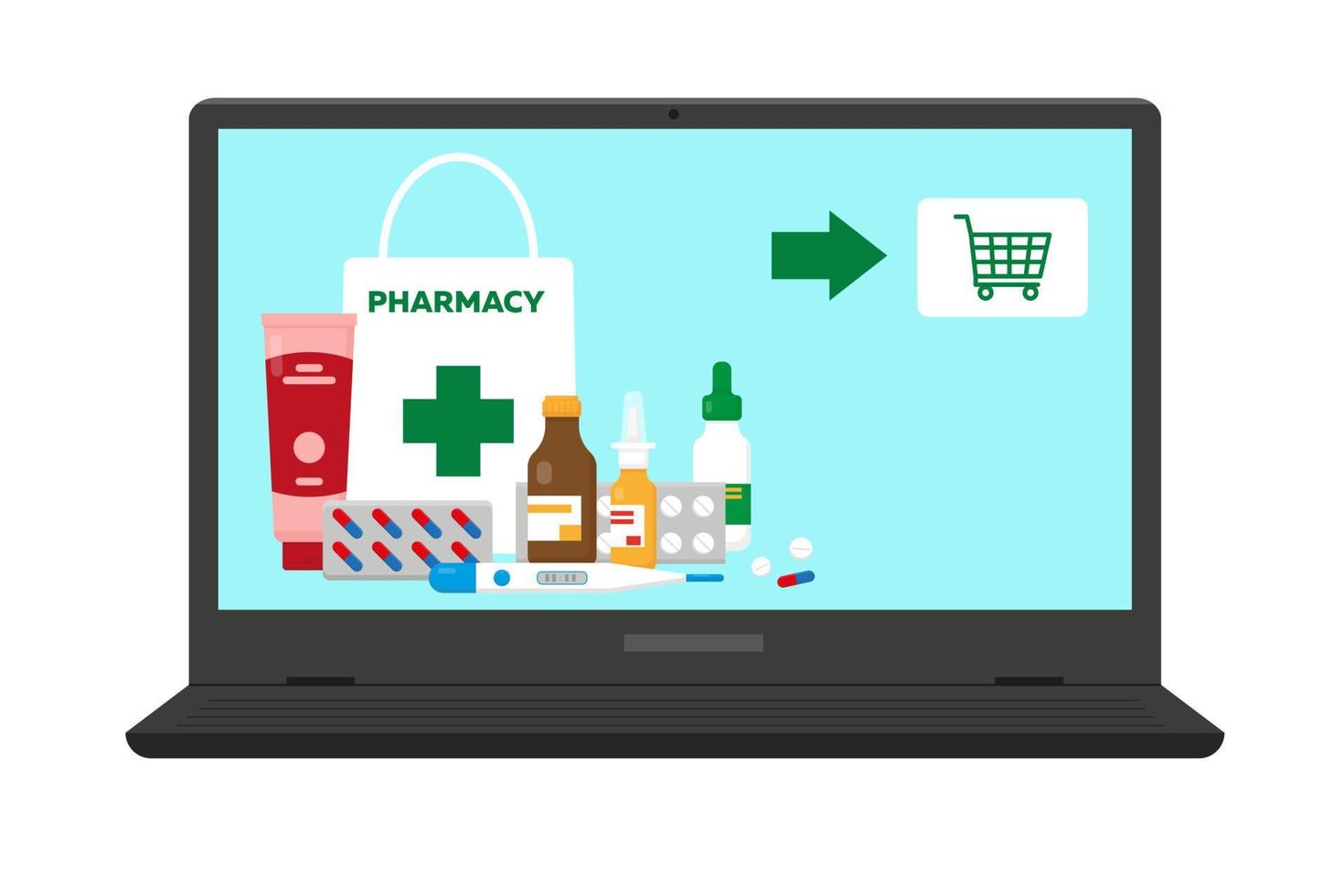 Online pharmacy concept. Medication in laptop. Vector illustration.