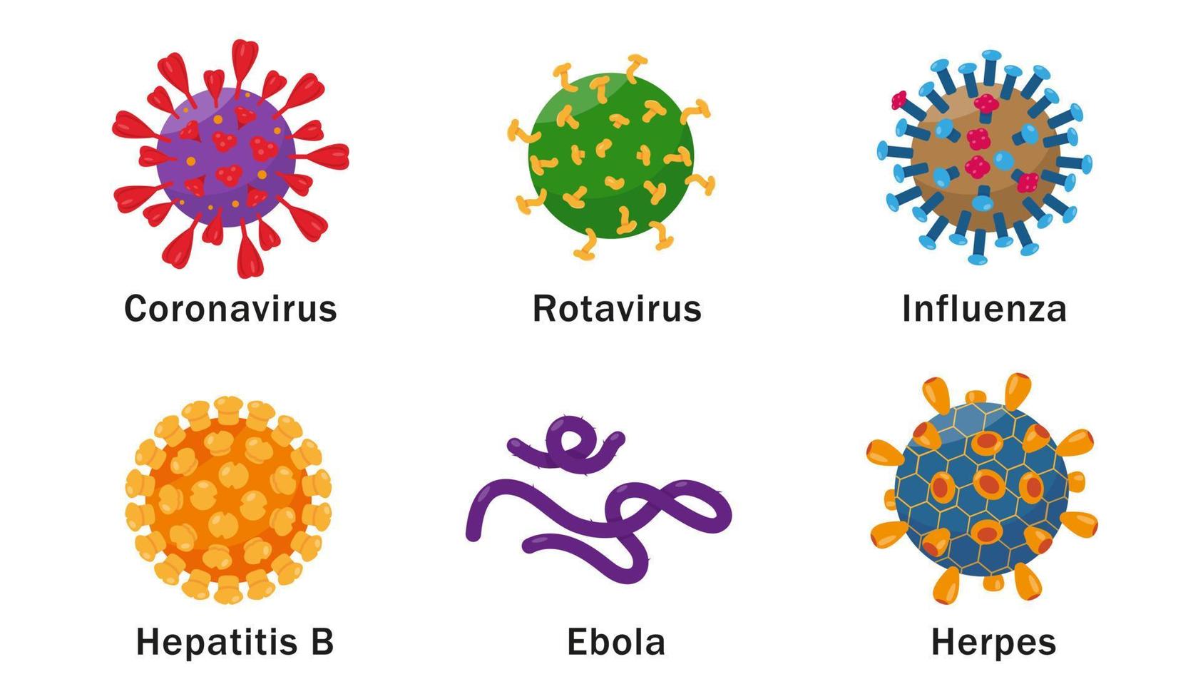 Human viruses set with names. Viruses cells icons on white background. Vector illustration.