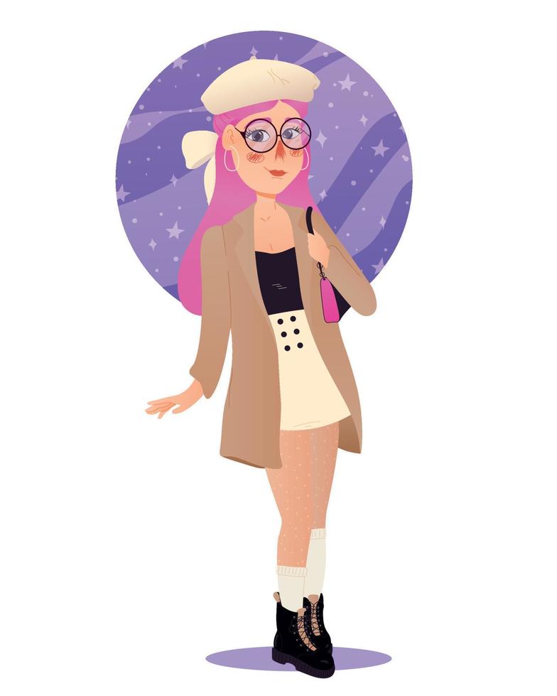 hermosa niña con un bolso en un espacio antecedentes. estrellado pirulí antecedentes. niña en lentes y abrigo. brillante medias. moderno otoño ilustración aislado en blanco antecedentes. vector