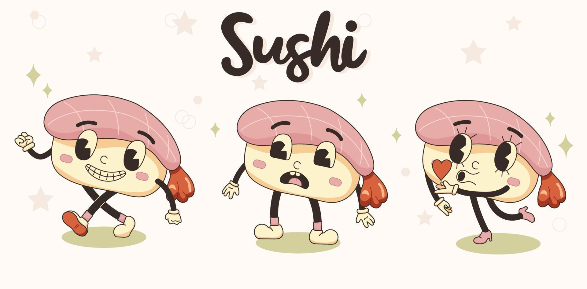 Sushi set illustration in retro cartoon style with sushi lettering. Sushi mascot emotional characters vector
