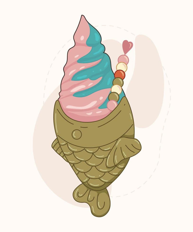 Taiyaki with ice cream and fruit balls. Asian street food, asian fish-shaped waffle, Korean sweet food. vector