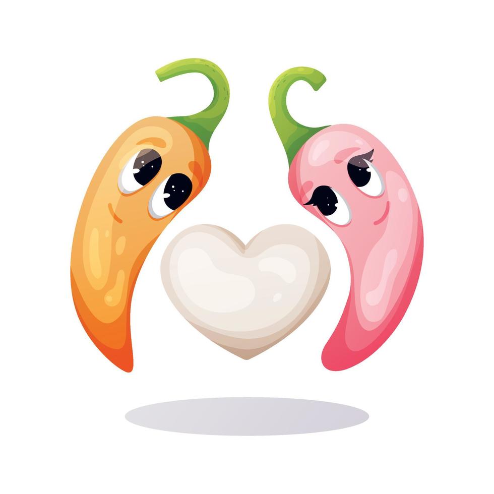 Couple of chilli peppers in love and heart in cartoon children's style with highlights on white background. Isolated vector illustration.