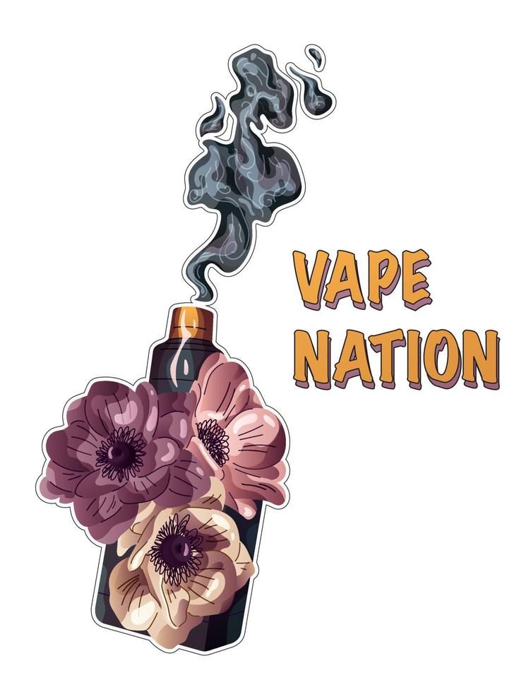 Vape nation sticker isolated on a white background. Smoke Vape and anemone flowers bouquet in a gradient colors. Vector realistic illustration with retro phrase