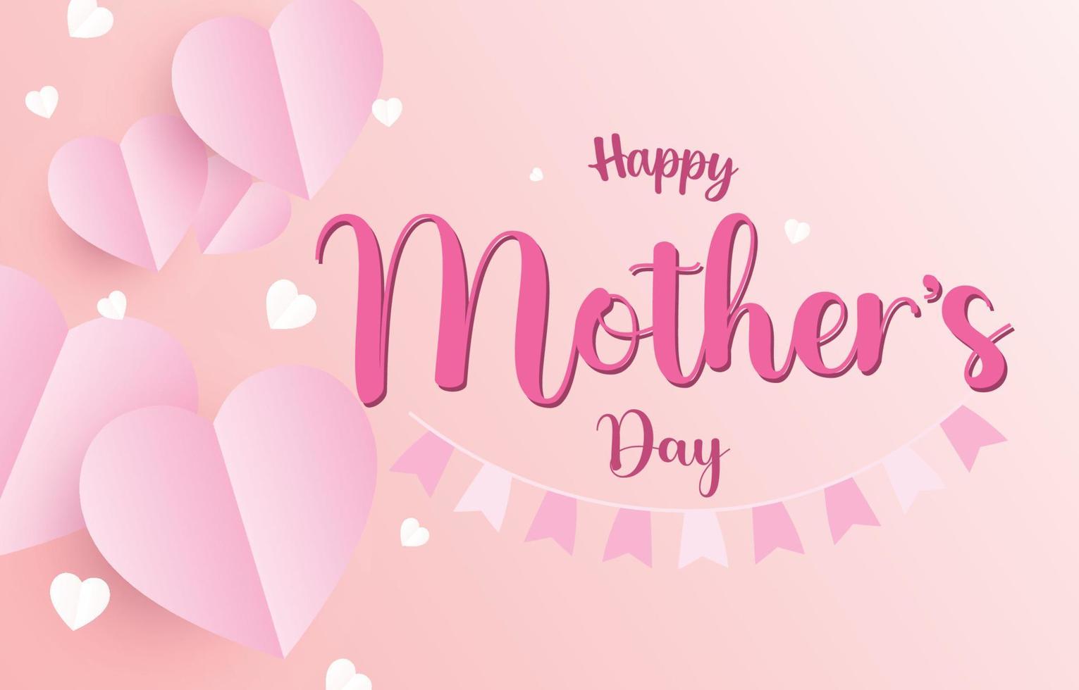 Mother's Day greeting card. mum banner vector with 3d flying hearts pink papercut and festival flag. symbol of love and handwritten letters on pink background.