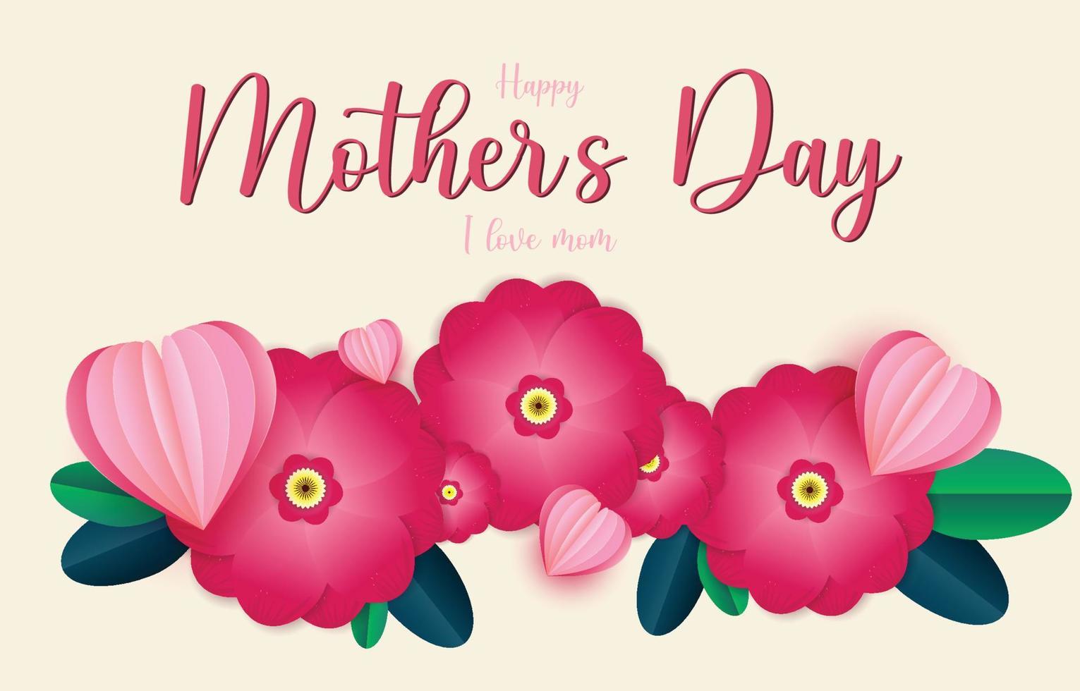 Mother's Day greeting card banner vector with spring flowers and flying hearts pink papercut.symbol of love and handwritten letters on cream background.