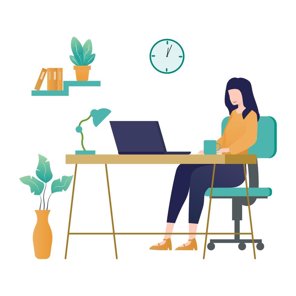 Young woman working at home. Freelance, work from home concept. Vector illustration