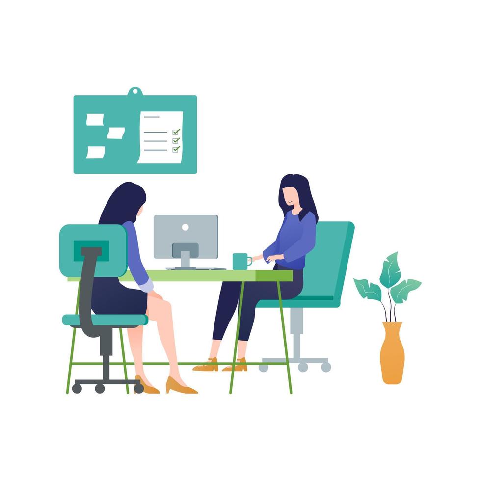 mujer de negocios trabajando en oficina, mujer de negocios sentado a escritorio, vector ilustración