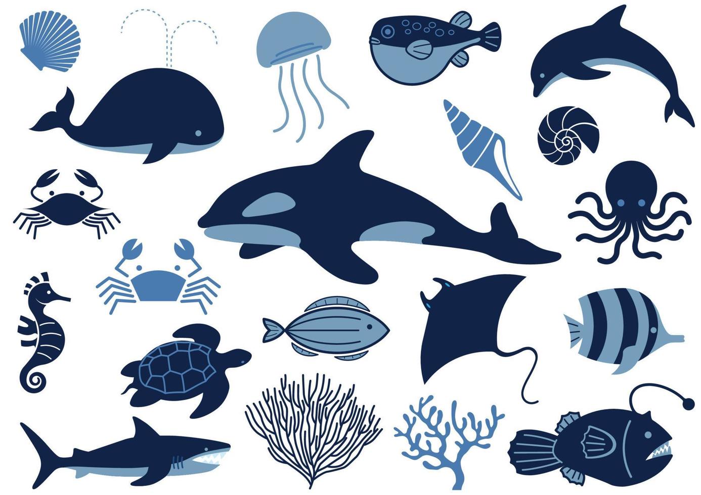 Vector Marine Life Illustration Set Isolated On A White Background.