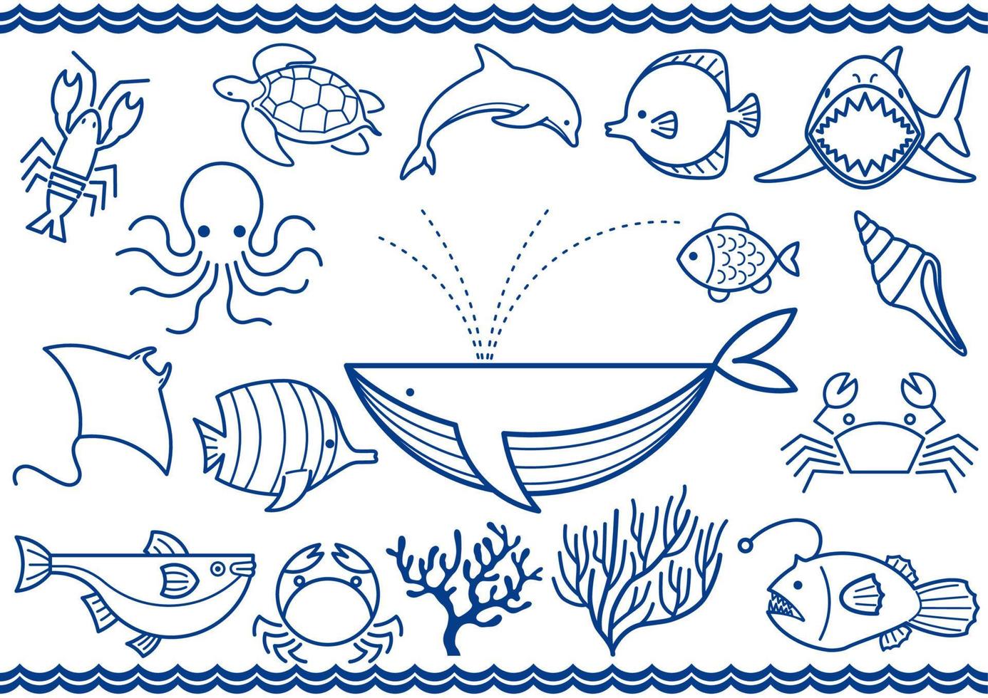 Vector Marine Life Icon Set Isolated On A White Background.