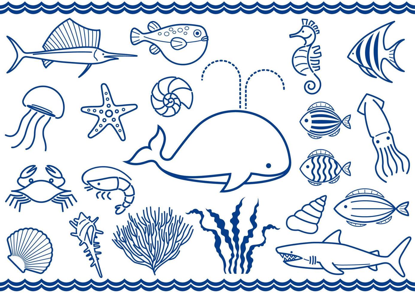 Vector Marine Life Icon Set Isolated On A White Background.