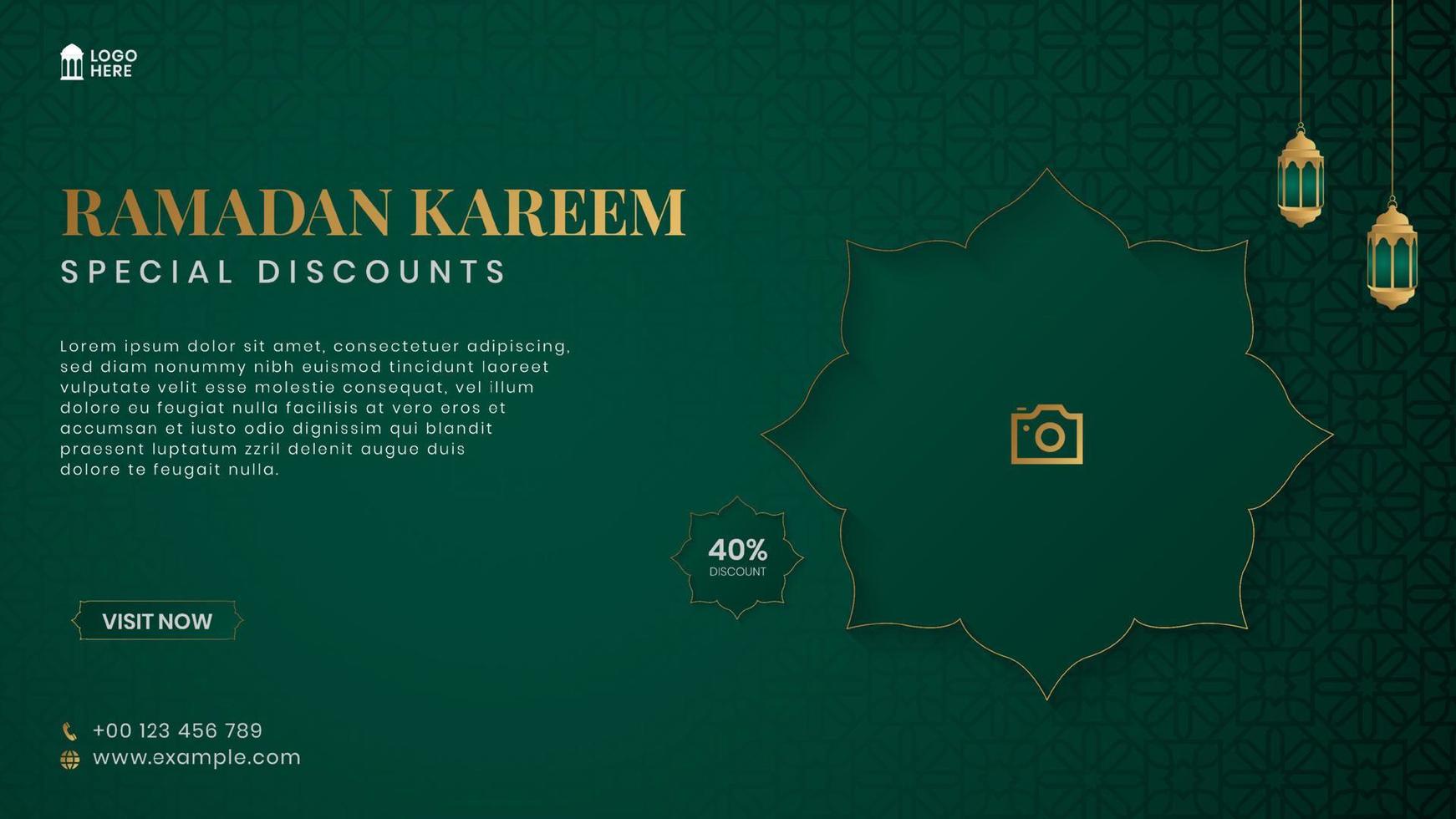 Happy Ramadan Kareem Sale Banner Social Media Post With Islamic Arabic Pattern and Lanterns vector
