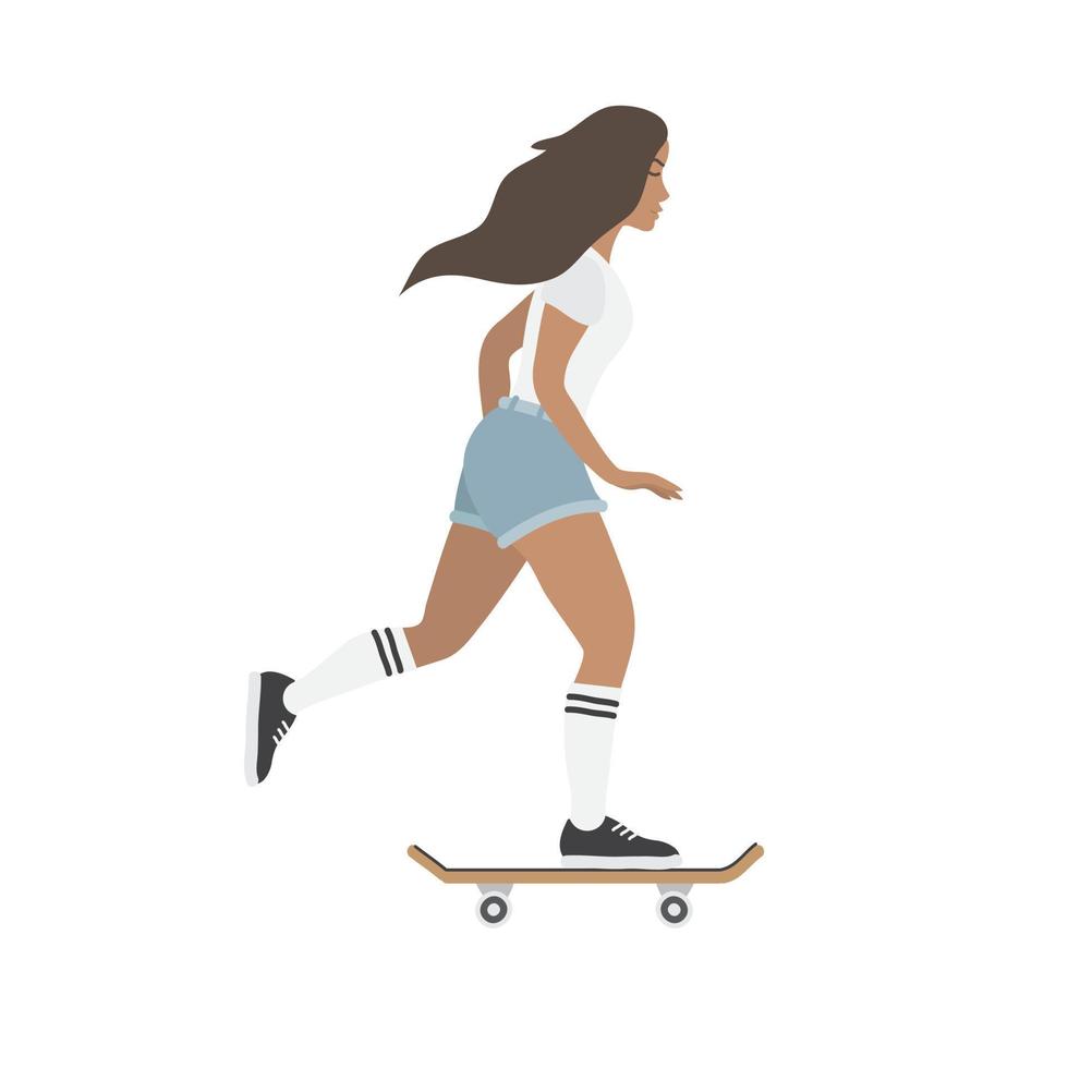 Vector flat cartoon girl woman riding a skateboard