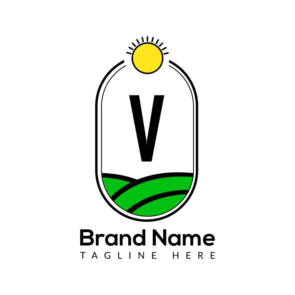 Agriculture Template On V Letter. Farmland Logo, Agro Farm, Eco farm logo design with sun icon Concept vector