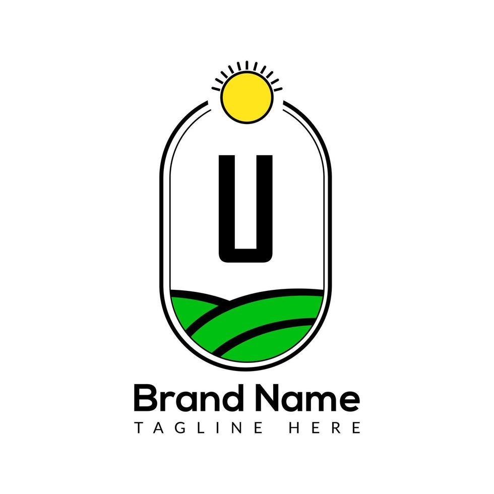 Agriculture Template On U Letter. Farmland Logo, Agro Farm, Eco farm logo design with sun icon Concept vector