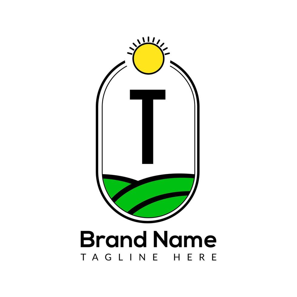 Agriculture Template On T Letter. Farmland Logo, Agro Farm, Eco farm logo design with sun icon Concept vector