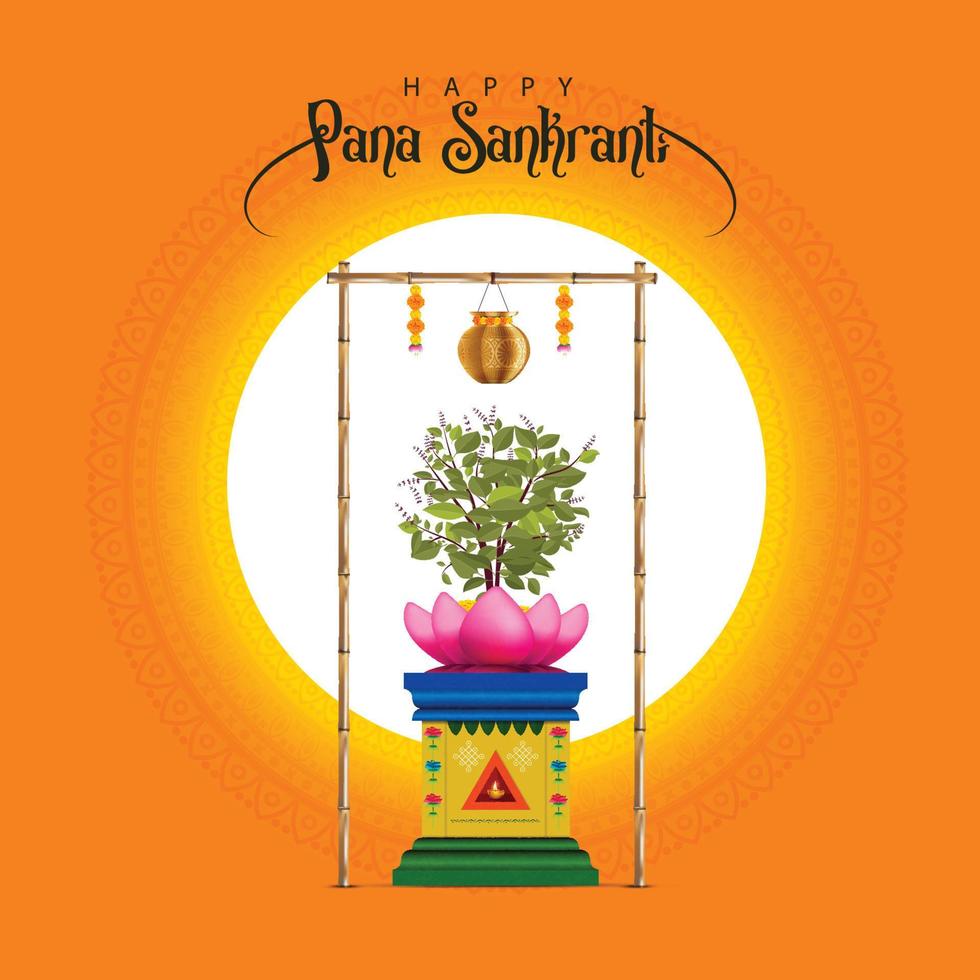 Happy Pana Sankranti  written in odiya language. Vector illustration of odisha new year Pana Sankranti with festive elements