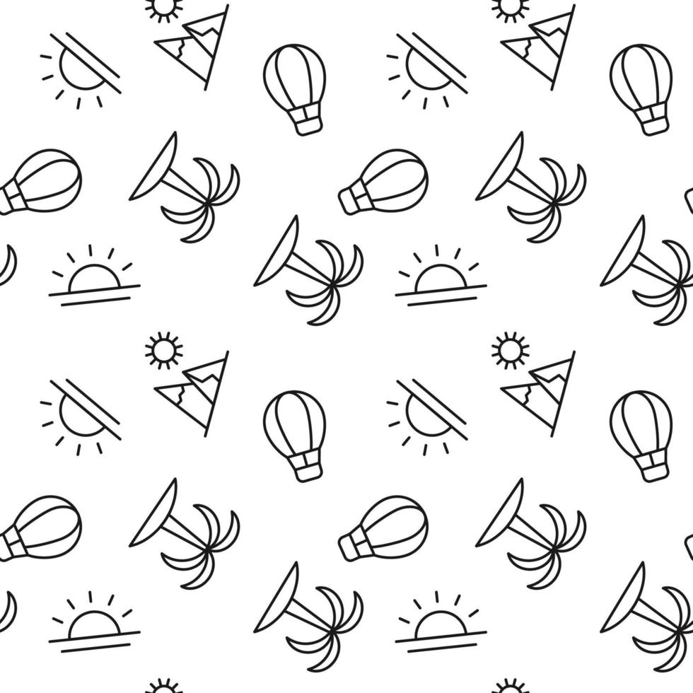 Seamless monochrome repeating pattern of balloon, sunset, mountain, palm vector