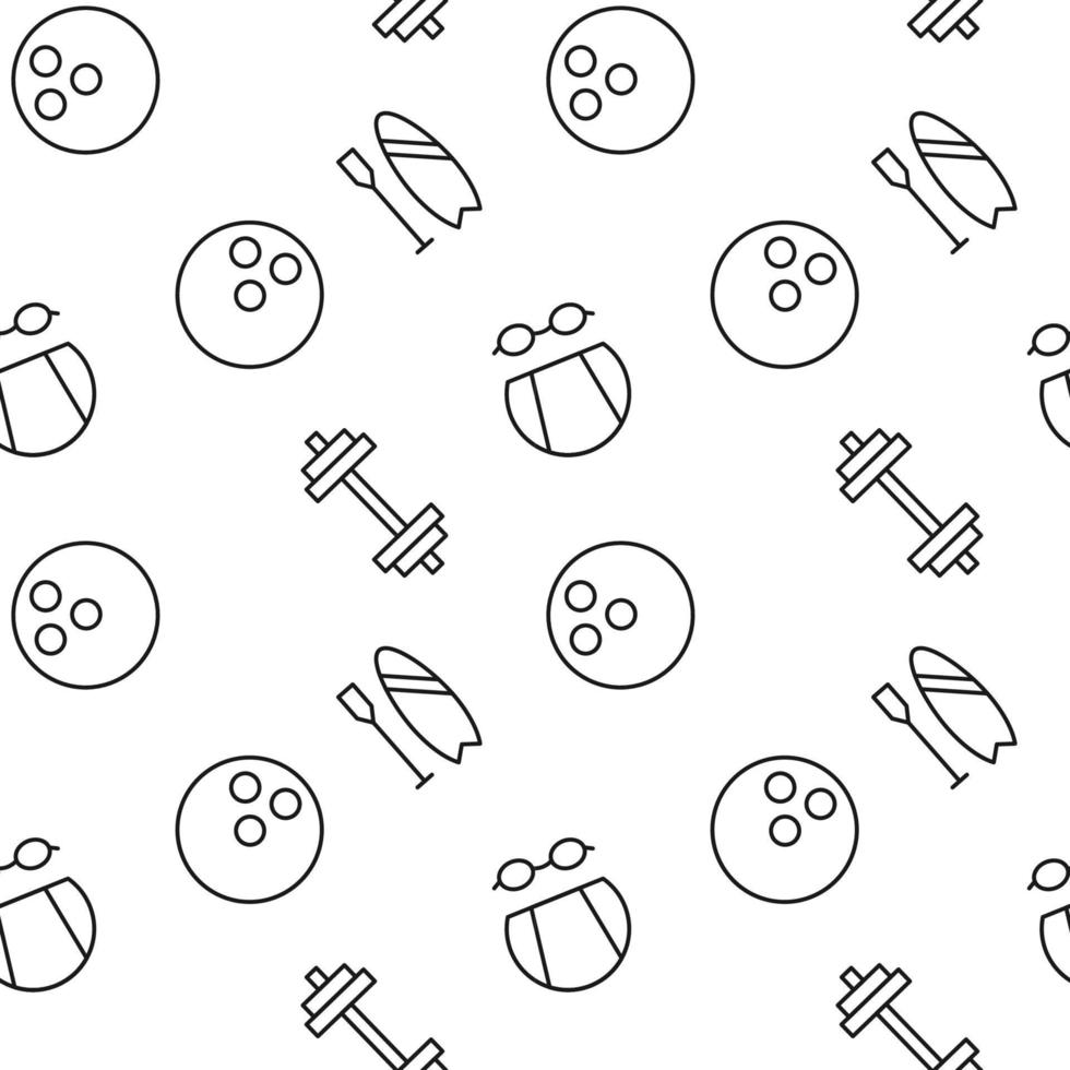 Monochrome vector seamless pattern of bowling, dumbbell, kayak for web sites and polygraphy