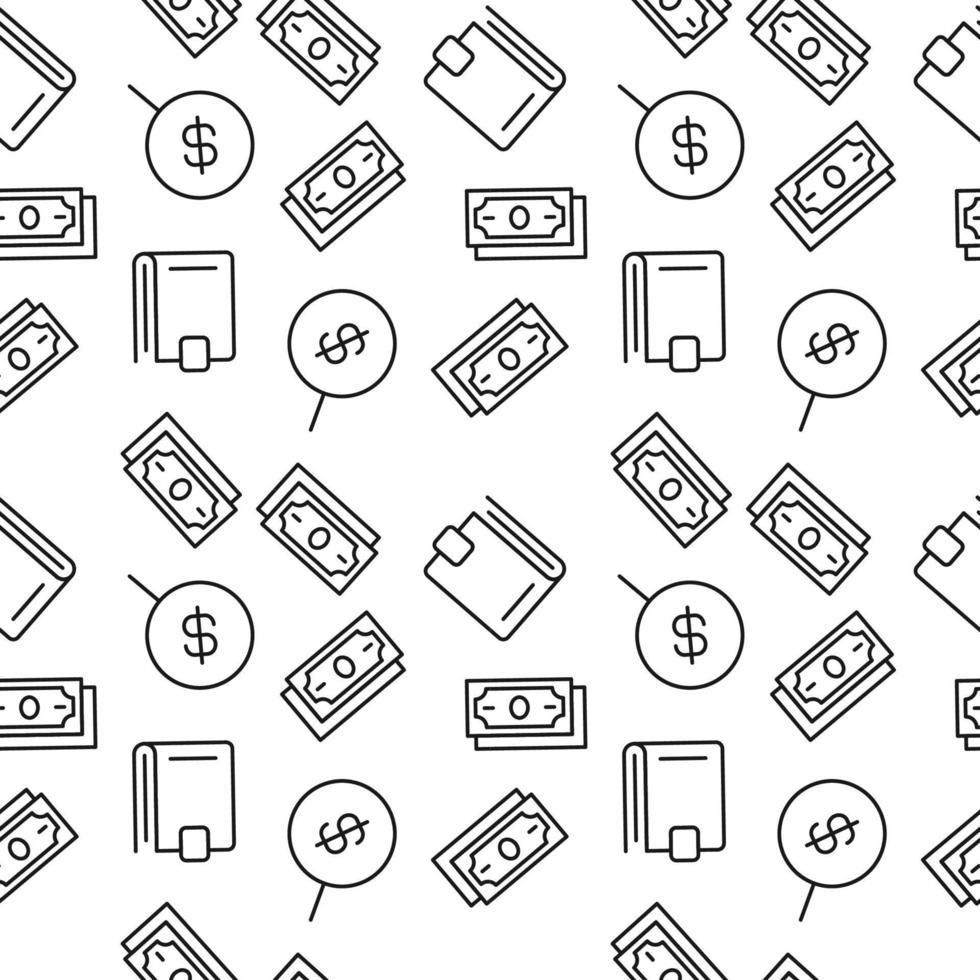 Seamless vector monochrome pattern of money, wallet, dollar in magnifying glass for covers, shops, wrappers, sites, apps