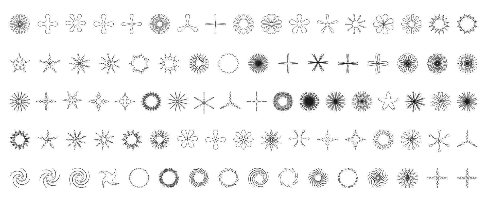 Simple minimalistic outline elements, abstract brutalist geometric shapes. Basic form Y2K figure star, flower, grain, crystal, swirl. Swiss primitive element set. Minimal aesthetic postmodern vector. vector