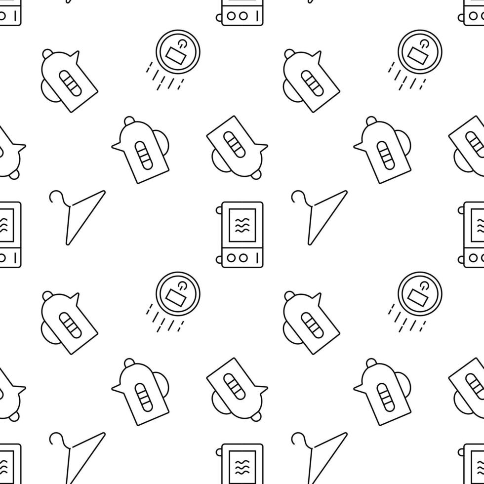 Seamless vector repeating pattern of microwave oven, robot vacuum cleaner, teapot, coat hanger made of line icons for polygraphy and websites