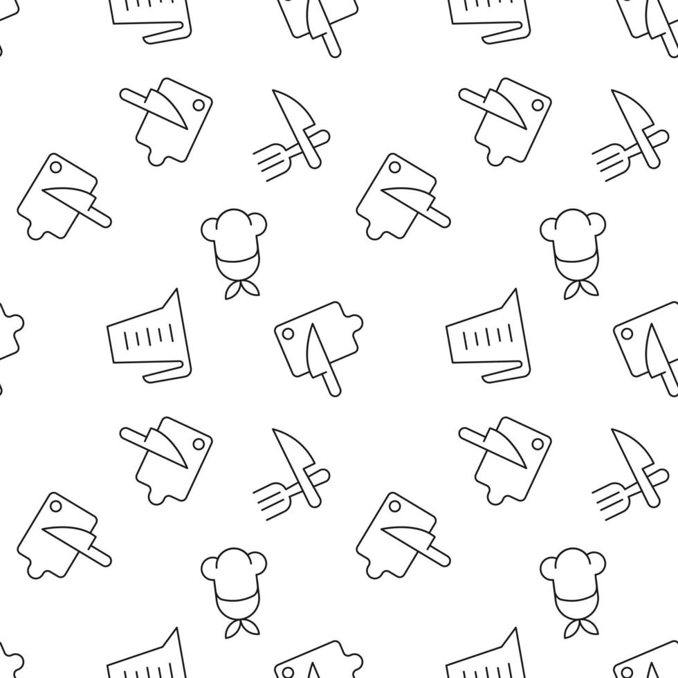 Seamless vector repeating pattern of chef, measure vase, knife, cutting board. It can be used for web sites, apps, clothes, covers, banners etc