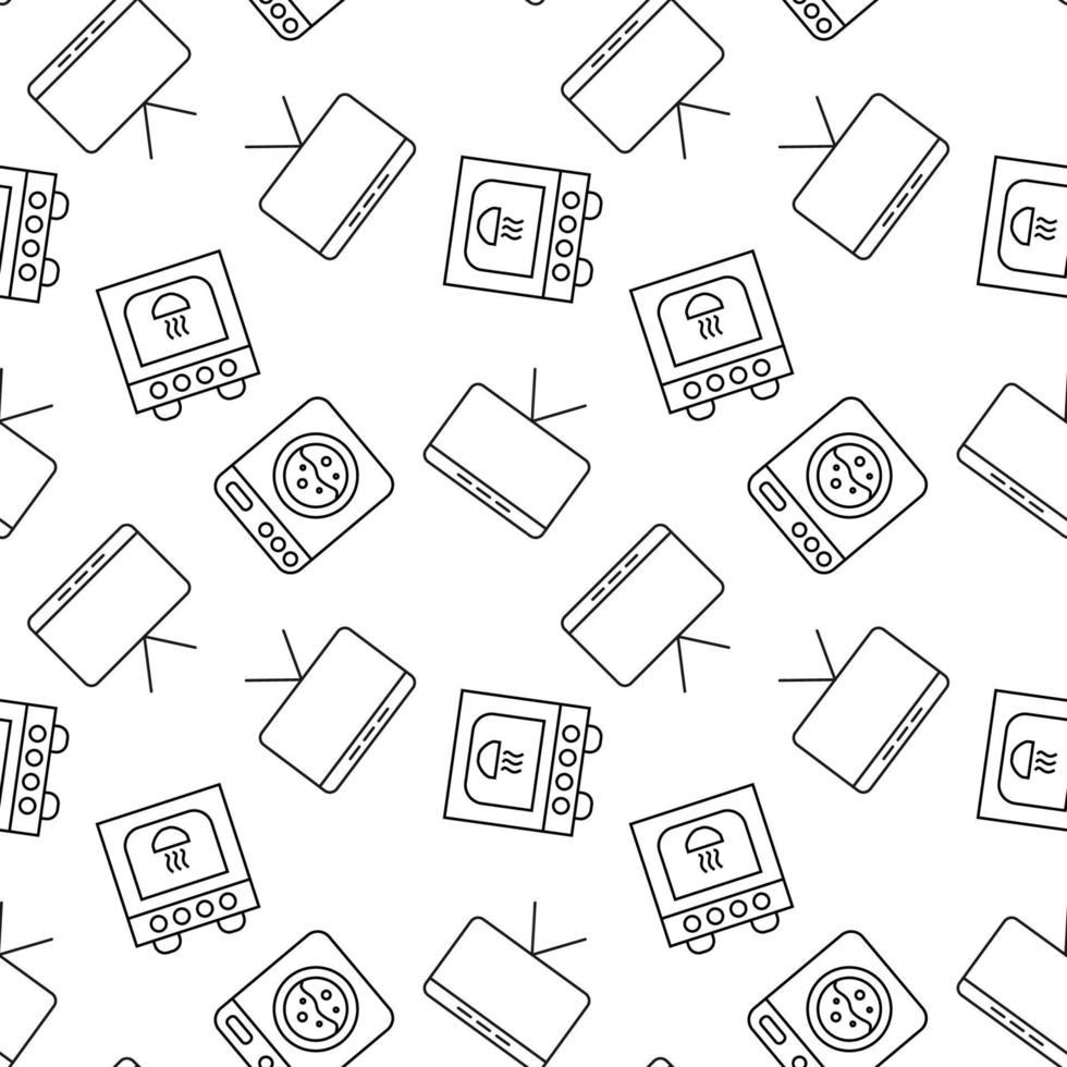 Seamless vector repeating pattern of TV set, washing machine, oven is made of line icons for polygraphy and websites