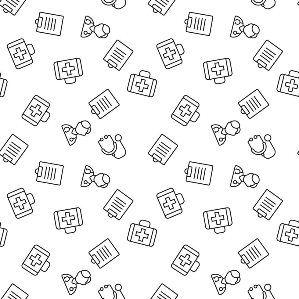 Vector seamless pattern of doctor, stethoscope, suitcase, prescription on white background. It can be used for printing on various surfaces
