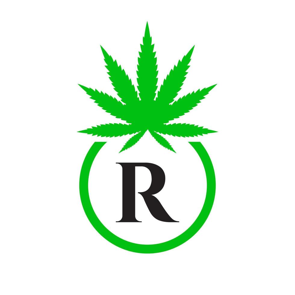 canabis logo firmar concepto r alfabeto símbolo para terapia, médico y salud cuidado y marijuana logo. vector