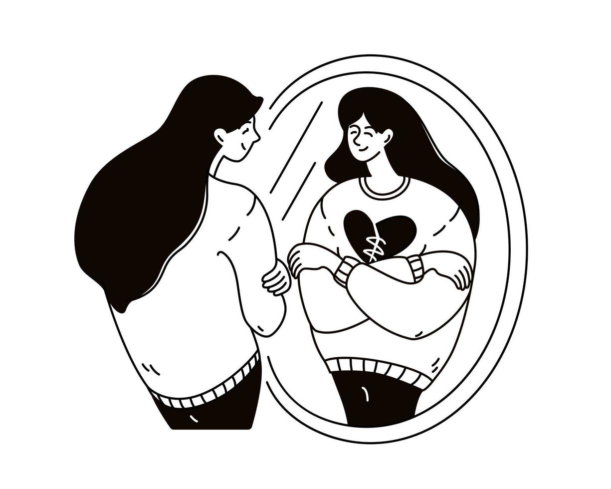 Young woman hugs herself and loos at her reflection in the mirror. Black and white doodle outline vector illustration. Self love, self acceptance mental health recovery after therapy concept