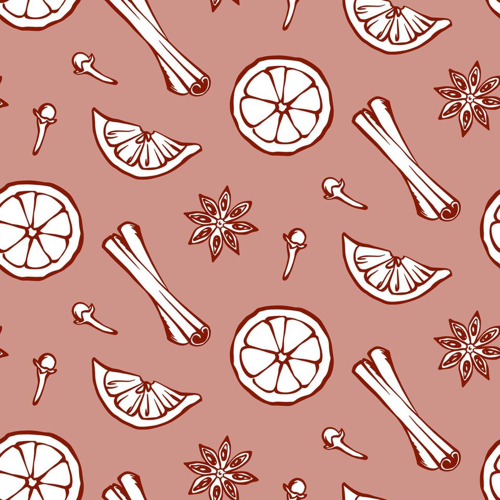 Hand drawn Cinnamon, carnation, anise and orange background. Mulled wine or bakery ingredients and Spices seamless pattern. Vector kitchen background for menu design, textile, fabric, wrapping paper