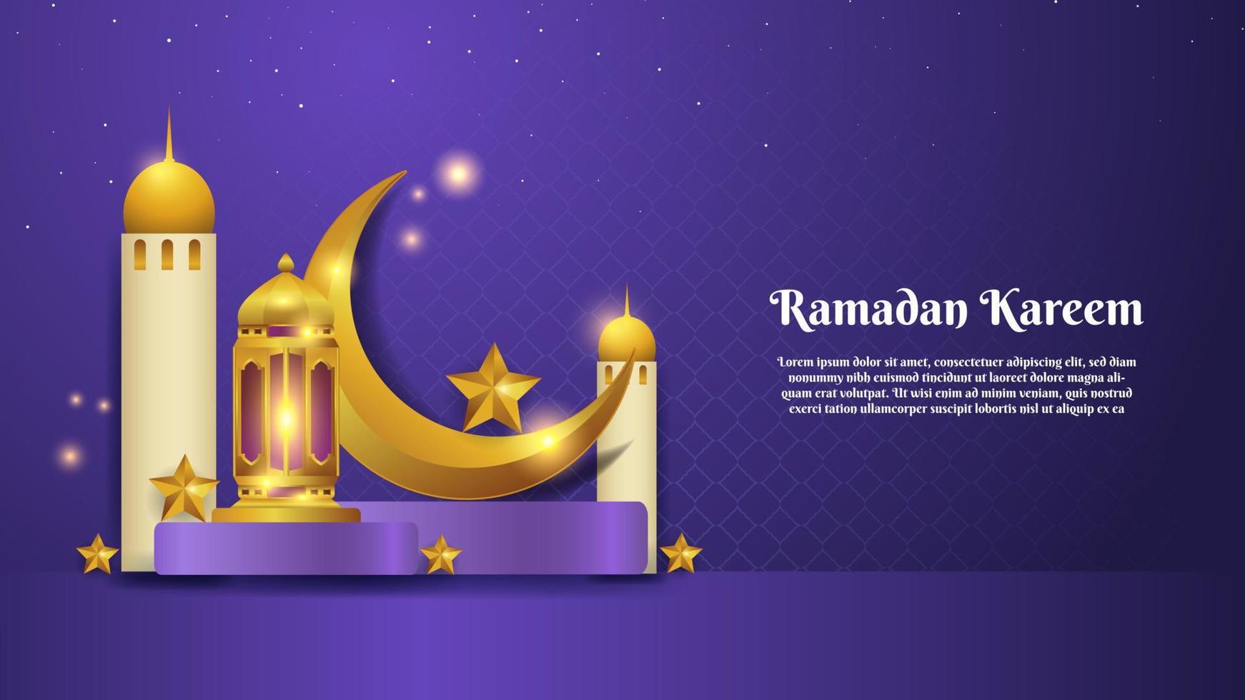 creciente Luna y dorado linterna en el podio. Bienvenido Ramadán kareem y eid Mubarak vector