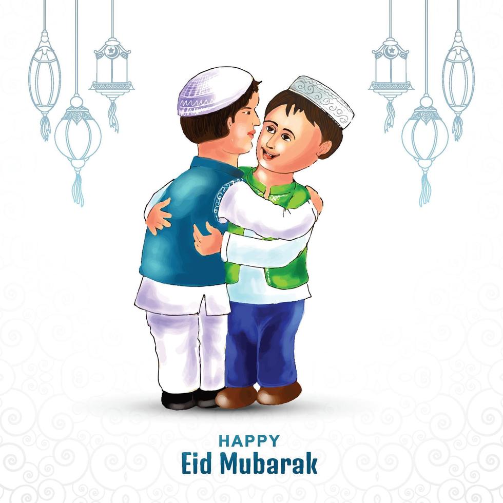 Muslim kids people hugging and wishing eid mubarak celebration background vector