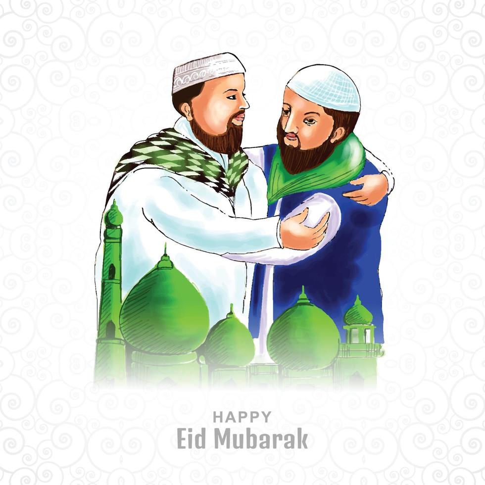 Muslim man people hugging and wishing eid mubarak celebration background vector