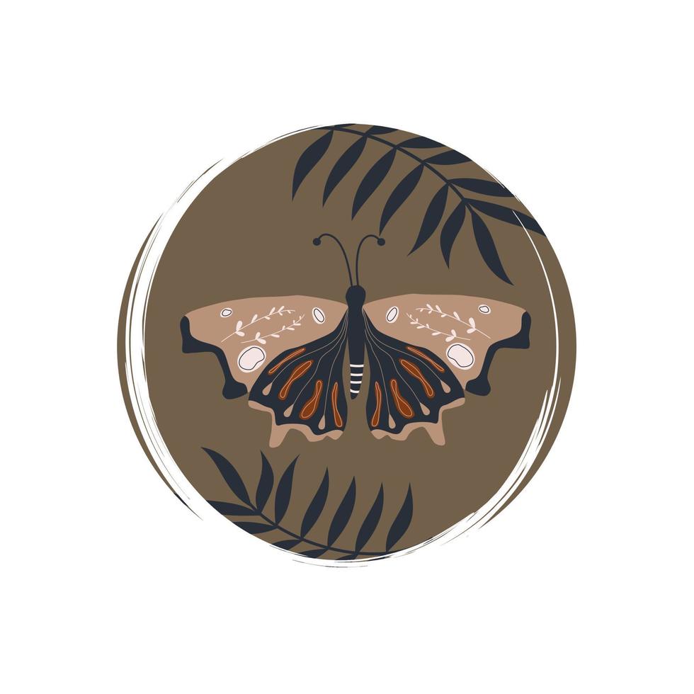 Cute butterfly with leaves icon logo vector illustration on circle with brush texture for social media story highlight