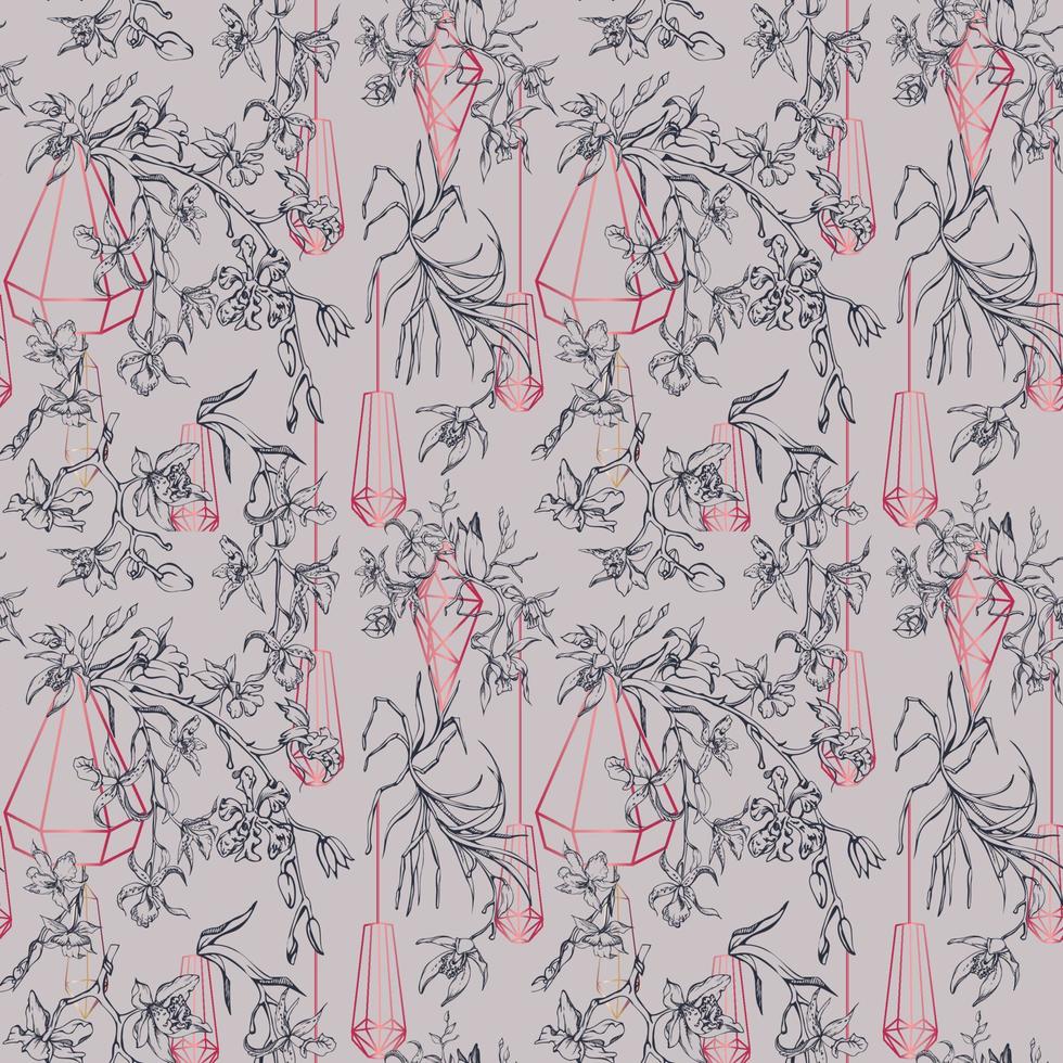 Hand drawn vector ink orchid flowers and branches, monochrome, detailed outline. Seamless pattern with crystal forms. Viva magenta color. For wall art, wedding, print, tattoo, cover, card.