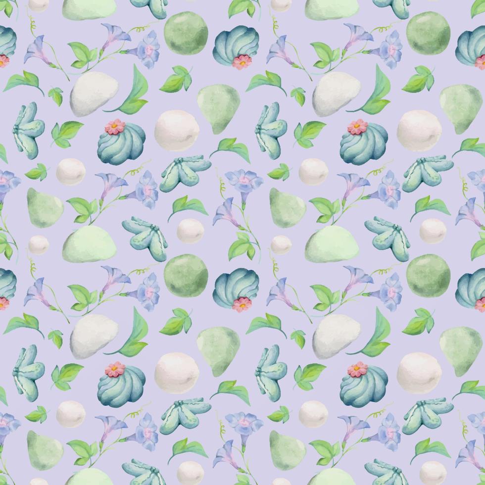 Watercolor seamless pattern with hand drawn traditional Japanese sweets. Wagashi, mochi, summer flowers Isolated on color background. Invitations, restaurant menu, greeting cards, print, textile vector