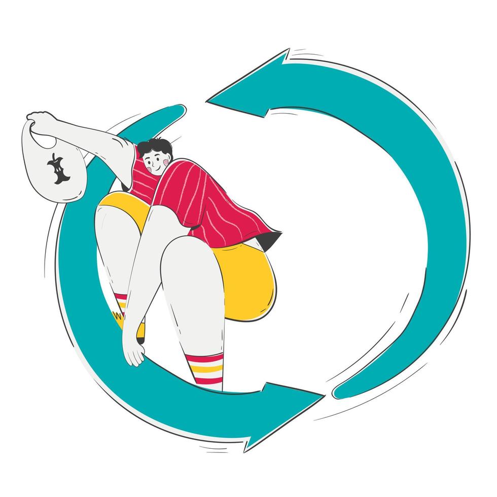 man rides like a skateboard in the recycling logo and carries  bag of leftover food vector