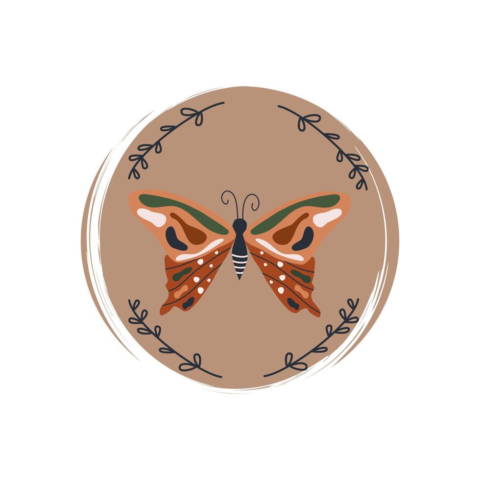 Cute butterfly with branches icon logo vector illustration on circle with brush texture for social media story highlight