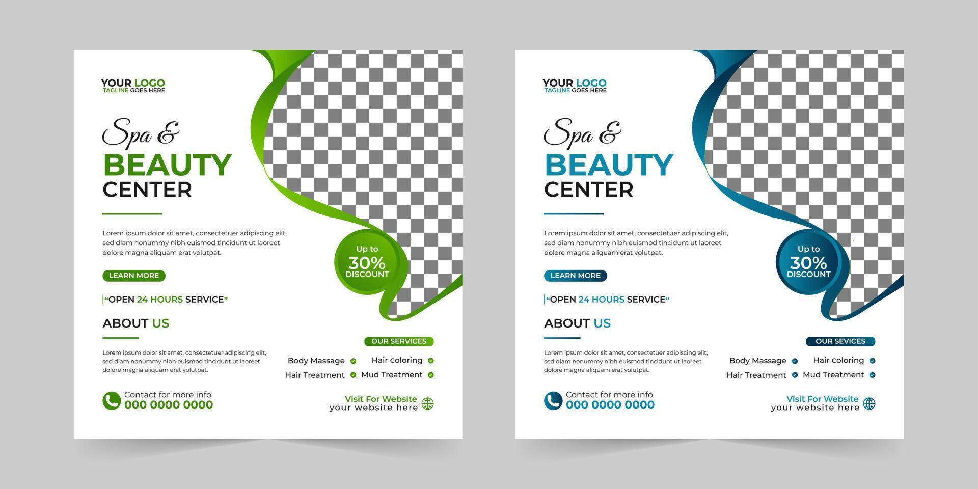 Modern Spa Beauty Center social media post, Digital marketing promotion ads sales and discount web banner vector template design