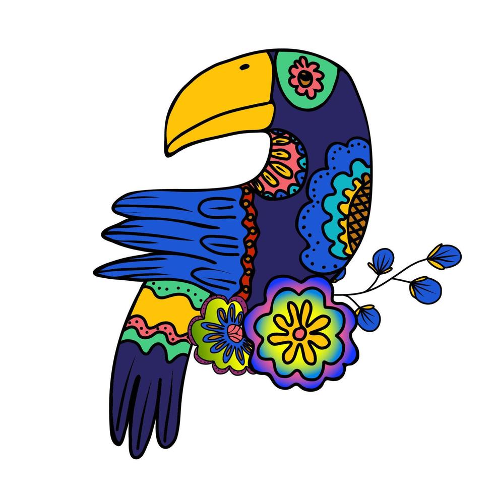 Tropical bird toucan. Vector hand drawn doodle illustration in mexican style.