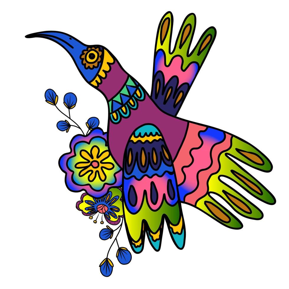 Tropical bird decorated with flowers. Vector hand drawn doodle illustration in mexican style.