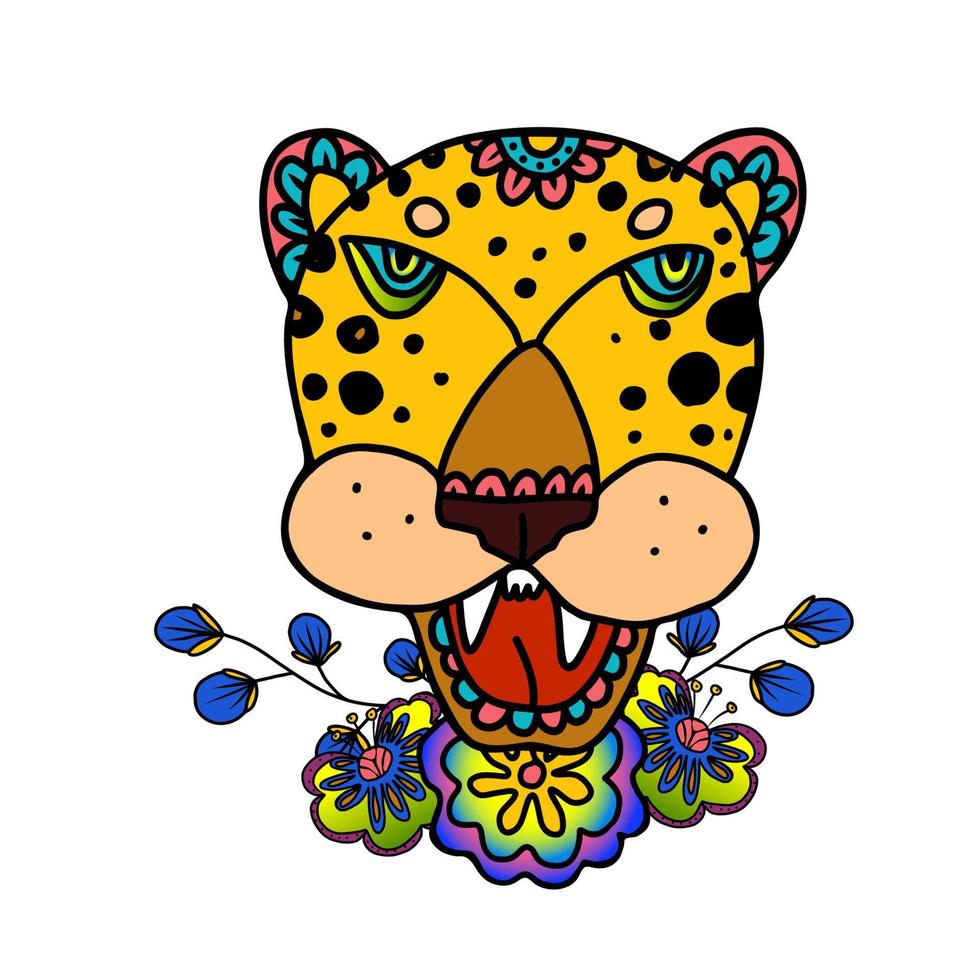 Jaguar head decorated with flowers. Vector hand drawn doodle illustration in mexican style.