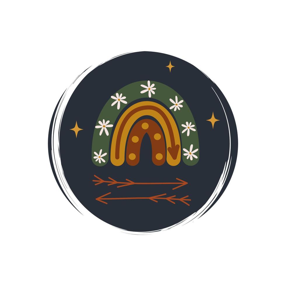 Cute logo or icon vector with abstract rainbow in contemporary boho style, arrows and stars, illustration on circle with brush texture, for social media story and highlights