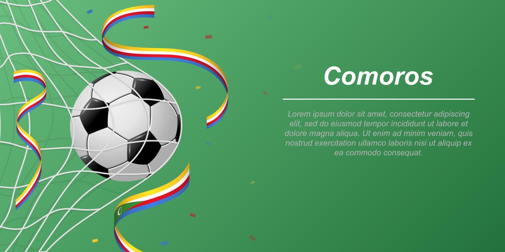Soccer background with flying ribbons in colors of the flag of Comoros vector