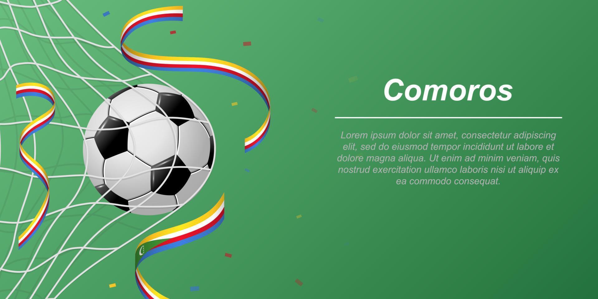 Soccer background with flying ribbons in colors of the flag of Comoros vector