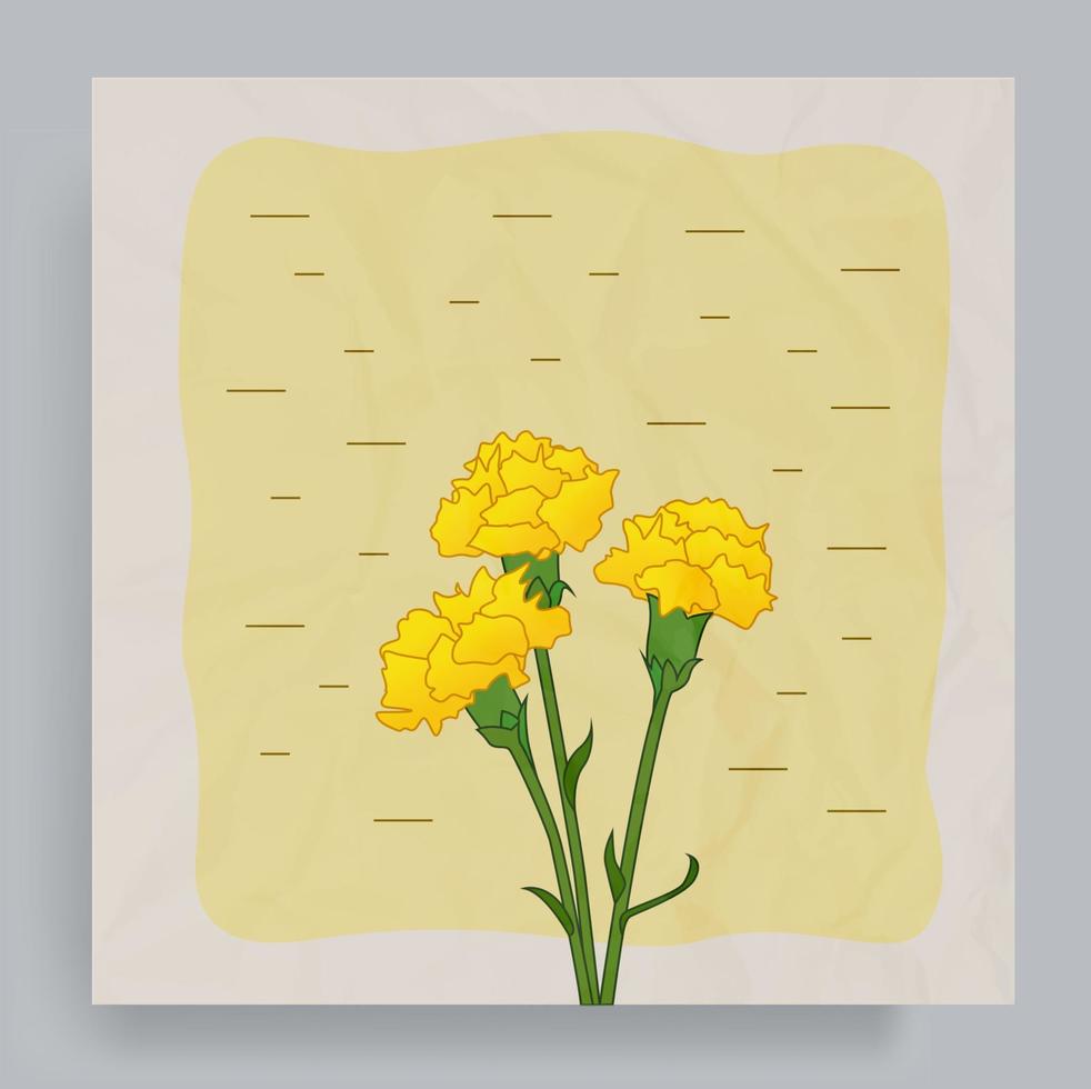 Illustration vector of 3 yellow carnation flowers. Nostalgia vintage art with paper texture. For cover, poster, banner, brochure, flyer, decoration, social media.