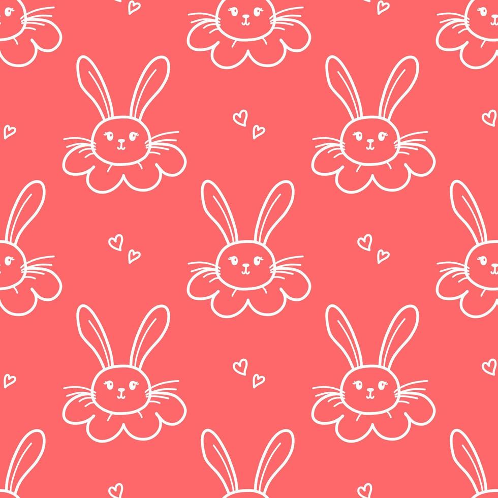 Cute bunny seamless pattern. Hand drawn doodle rabbit face and hearts vector wallpaper.